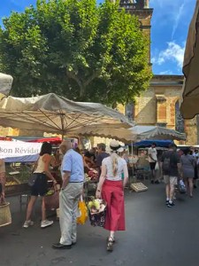 Elske walking through a lively village farmers’ market in rural France with a basket in hand, celebrating local culture and artisanal traditions.